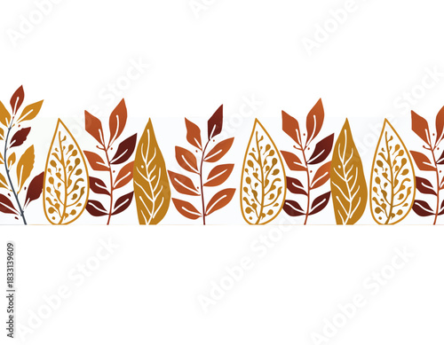 Curved Frame of Flat Orange and Yellow Autumn Leaves Forming a Flowing Shape Vector Design on White Background with Black Border