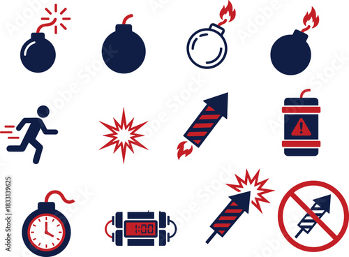 Explosive icons, fireworks vector set, emergency symbol design, danger warning graphics, safety alert illustration, countdown timer, prohibition sign elements