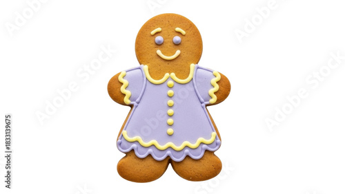 Isolated gingerbread girl in a purple dress with decorative icing ready for Christmas