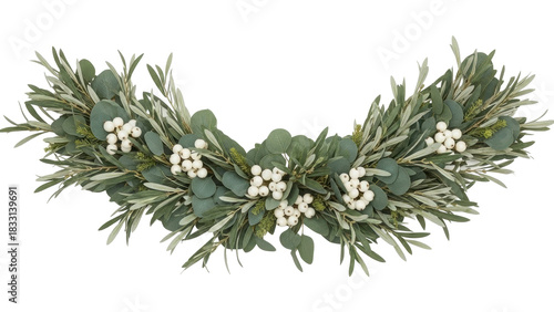 Isolated eucalyptus garland, evergreen branches with white berries holiday decor wreath design