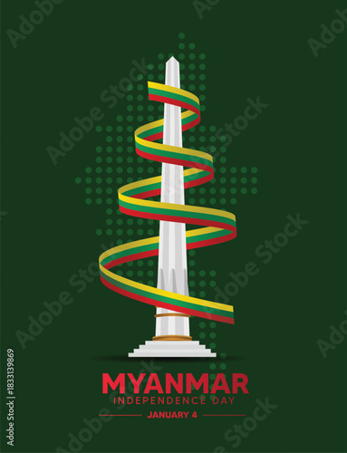 Myanmar Independence Day Poster Featuring Traditional Monument and Decorative Ribbon on Green Background