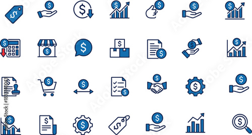 Finance icons, business symbols, economic tools, dollar sign, calculator, shopping cart, price tag, investment graph, financial growth, commerce, transaction, money management, budget planning