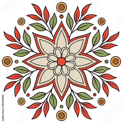 Vintage Earth Tone Flower and Leaf Motif Classic Mediterranean Tile Pattern