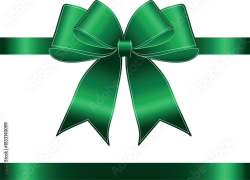 Vector decorative shiny gift element of dark green ribbon with tied bow isolated on white background