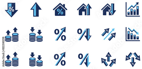 Financial icons, economic trends, interest rates, housing market, investment growth, percentage change, coin stack, bar chart, arrows, decline, rise, mortgage, inflation, deflation, real estate