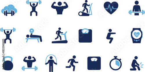 Fitness icon set, health symbols, workout tools, exercise graphic, wellness concept, gym activity, strength training, cardio design, body movement, monitoring