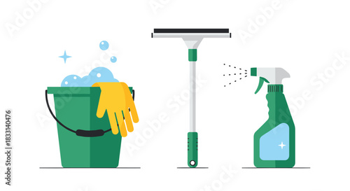 Essential cleaning supplies including a green bucket with foamy water and yellow gloves, a window squeegee, and a spray bottle.