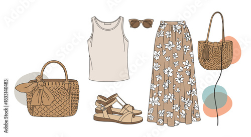 Stylish women's summer fashion collection featuring a beige tank top, a floral maxi skirt, trendy sandals, sunglasses, and two chic straw bags.