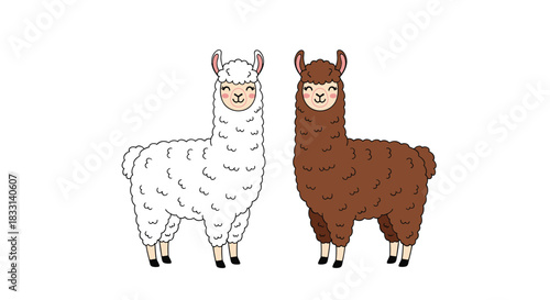 Adorable illustration of two cute cartoon llamas, one fluffy white and one charming brown, standing together on a clean white background.