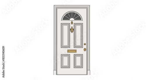 Classic white front door with an elegant fanlight, a traditional door knocker, and a golden letterbox, embodying welcoming home aesthetics.