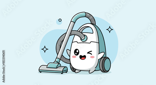 Adorable cartoon vacuum cleaner character with a happy winking face and sparkling stars, symbolizing efficient and cheerful home cleaning.