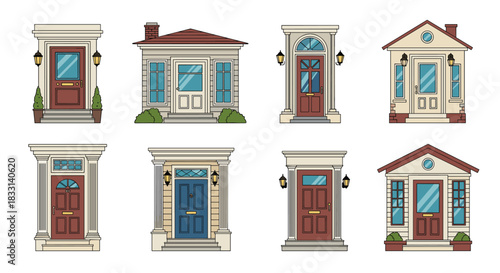 Diverse collection of eight distinct house facades, each showcasing unique front doors and welcoming entrances, for architectural themes.