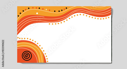 Abstract aboriginal art background with vibrant orange and yellow wavy lines, intricate dot patterns, and a spiral, ideal for text.