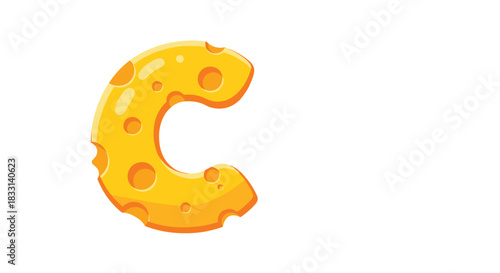 Playful capital letter C designed like a delicious slice of Swiss cheese with characteristic holes, perfect for food-related or educational content.