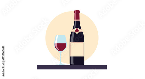 Elegant illustration of a wine bottle and a full glass of red wine, neatly displayed on a shelf with a subtle circular background.