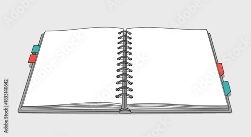 Open spiral-bound notebook with spacious blank pages and vibrant colorful index tabs, presented in perspective, ideal for note-taking and planning.