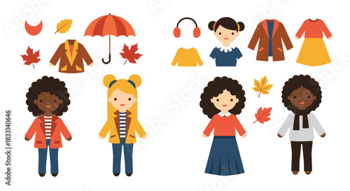 Adorable collection of diverse children and various autumn clothing, including coats, sweaters, dresses, hats, umbrellas, and fall leaves.