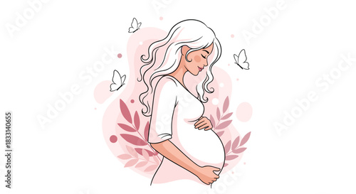 Serene illustration of a pregnant woman tenderly embracing her baby bump, surrounded by graceful pink leaves and delicate butterflies.