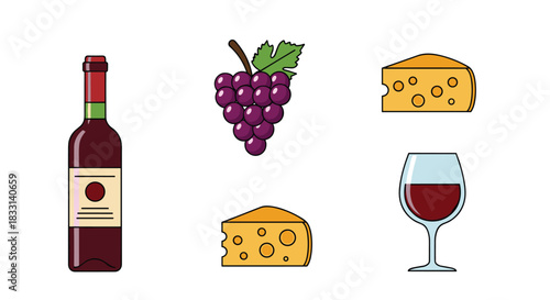 Delightful assortment of wine, a rich cluster of purple grapes, two slices of Swiss cheese, and a full wine glass.