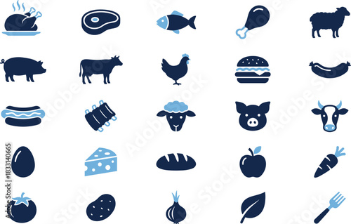Food icons, meat, vegetables, fruits, dairy, farm animals, cooking symbols, nutrition, kitchen items, healthy eating, culinary, agriculture, protein
