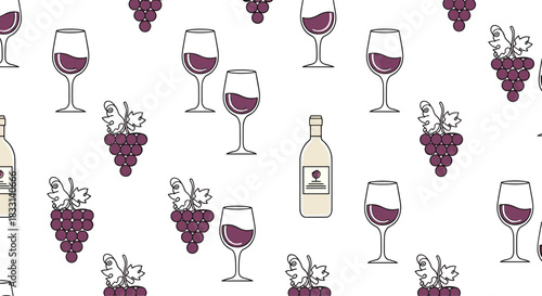 Elegant seamless pattern featuring repeated motifs of wine bottles, full wine glasses, and lush bunches of purple grapes.