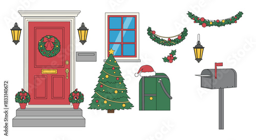 Festive collection of outdoor Christmas decorations, featuring a door with a wreath, a window, a decorated tree, Santa hat, and mailboxes.