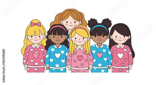 Adorable illustration of a diverse group of smiling young girls wearing matching heart-patterned pajamas, symbolizing friendship and childhood joy.