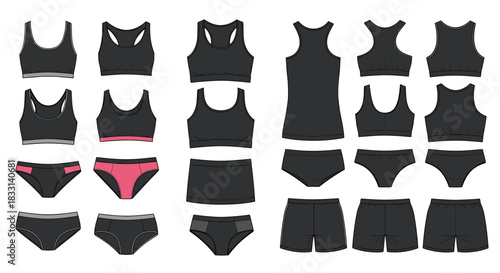 Detailed technical flat sketches illustrating women's sports bras, tank tops, underwear, and shorts, for fashion design and apparel.