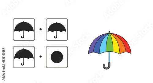 Engaging educational illustration displaying a simple black umbrella icon next to a vibrant, colorful rainbow umbrella, for symbol recognition.