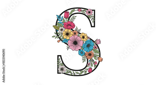 Exquisite capital letter S gracefully adorned with a vibrant array of colorful flowers and lush green leaves, ideal for decorative initial designs.