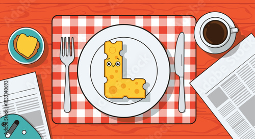 Creative illustration featuring the letter L shaped like a slice of Swiss cheese on a dinner plate, accompanied by coffee and a newspaper.