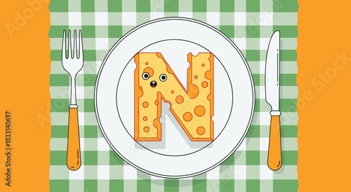 Playful illustration featuring the letter N shaped like a slice of Swiss cheese on a dinner plate, accompanied by a fork and knife.