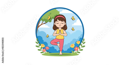 Serene illustration of a little girl in a tree pose yoga posture, set within a tranquil circle of nature with trees, flowers, and butterflies.