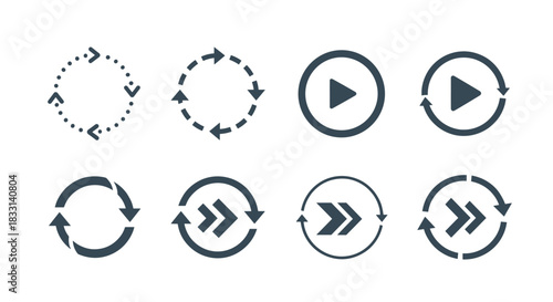 Collection of circular arrows and playback icons in dark grey, signifying refresh, repeat, loop, and fast-forward actions for digital interfaces.