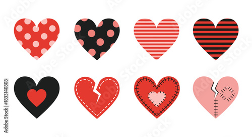Diverse collection of eight charming heart illustrations featuring various patterns and themes, including whole, broken, and patched designs for romantic concepts.