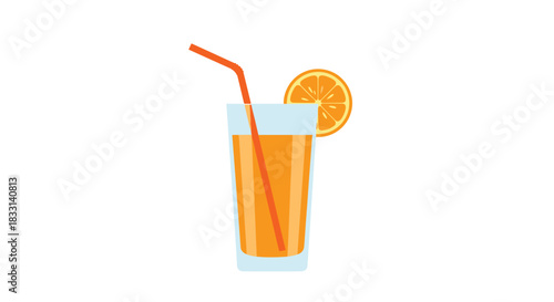 Tall glass of refreshing orange juice with a colorful straw and a fresh orange slice, perfect for a healthy drink concept.