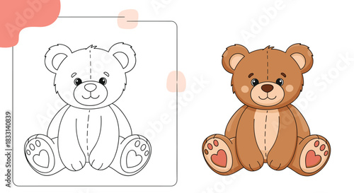 Adorable cartoon teddy bear presented in both a charming colored illustration and an outline drawing, ideal for children's creative coloring activities.