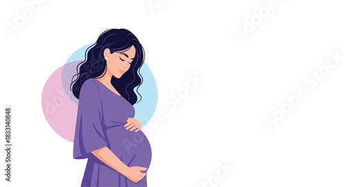Beautiful illustration of a pregnant woman in a flowing purple dress, gently cradling her baby bump against a soft, abstract background.