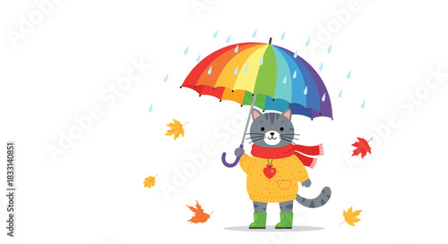 Adorable cartoon cat in a yellow sweater and green boots, holding a colorful rainbow umbrella amidst falling autumn leaves and gentle raindrops.
