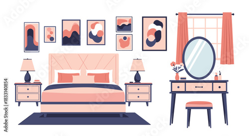 Elegant set of modern bedroom furniture and decor elements, including a stylish bed, vanity table with mirror, and abstract art, creating a cozy living space.