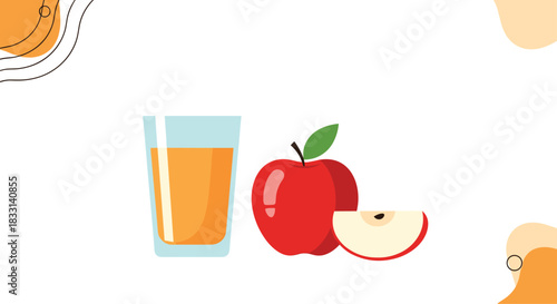 Refreshing glass of apple juice accompanied by a whole red apple and a freshly sliced piece, presented with a clean, abstract background.