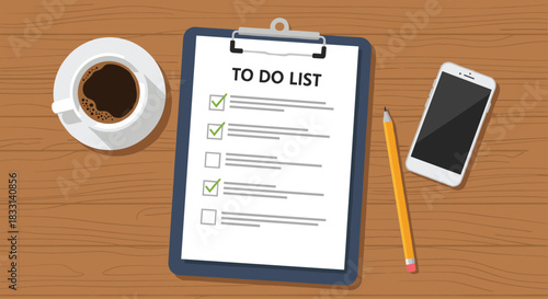 Overhead flat lay of a "TO DO LIST" on a clipboard with checkmarks, accompanied by a coffee, pencil, and smartphone, representing productivity on a wooden desk.