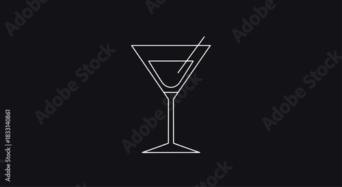Minimalist line art icon of an elegant martini glass with a garnish, presented on a sleek, dark black background for a chic look.