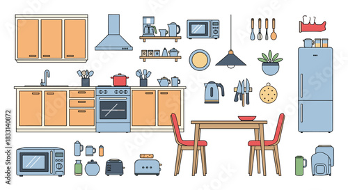 Detailed collection of modern kitchen furniture, appliances, and utensils, including cabinets, stove, refrigerator, and dining area, ideal for home design.