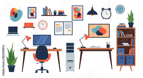 Comprehensive collection of various office and home study elements, including desks, computers, bookshelves, and decorative items, for a productive workspace.