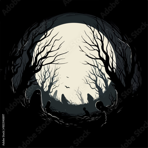 Illustration of a forest with a spooky full moon