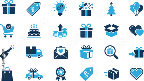 Gift icons, celebration, shopping, delivery, discount, package, love, surprise, e-commerce, birthday, holiday, innovation, heart, reward, event