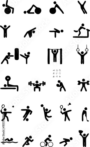 Sport people icons gym lifting warmup stretch symbols fitness poses pictograms sports exercises athl