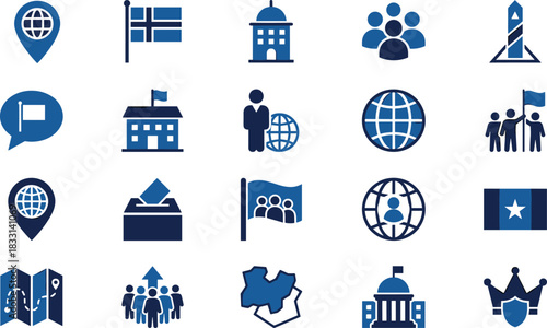 Government icons, political visuals, civic engagement, global affairs, flag, ballot box, map, crown, shield, building, people, vote, location, governance, diplomacy, law, leadership, nation