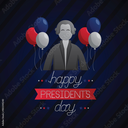 President’s Day illustration featuring a leader silhouette holding patriotic balloons in red, white, and blue on a dark background.